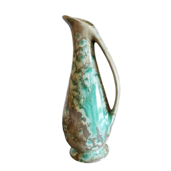 Vintage Cream & Green Mottled Hand Glazed Mid-Century Modern 70s Pre-formed Vase - Picture 2 of 8